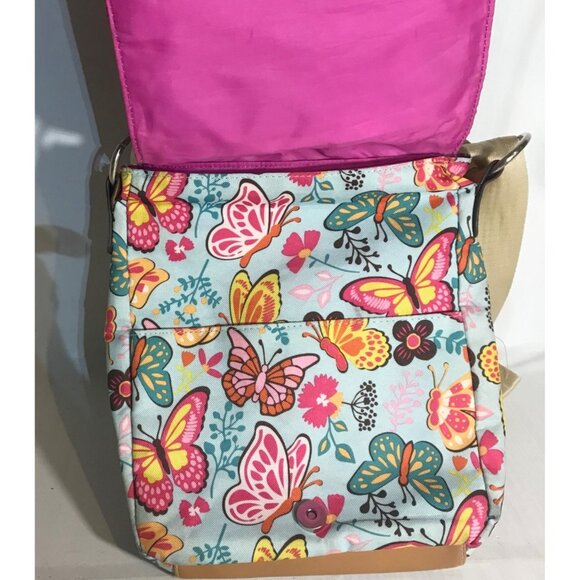 Lily Bloom Butterfly Print Crossbody Bag Tan Trim Pink Lining Pockets 10" x 9" - Picture 6 of 16